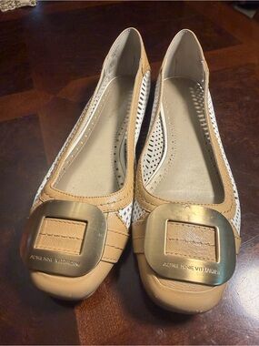 Adrienne Vittadini Tan and White Perforated Leather Flats with Gold Buckle